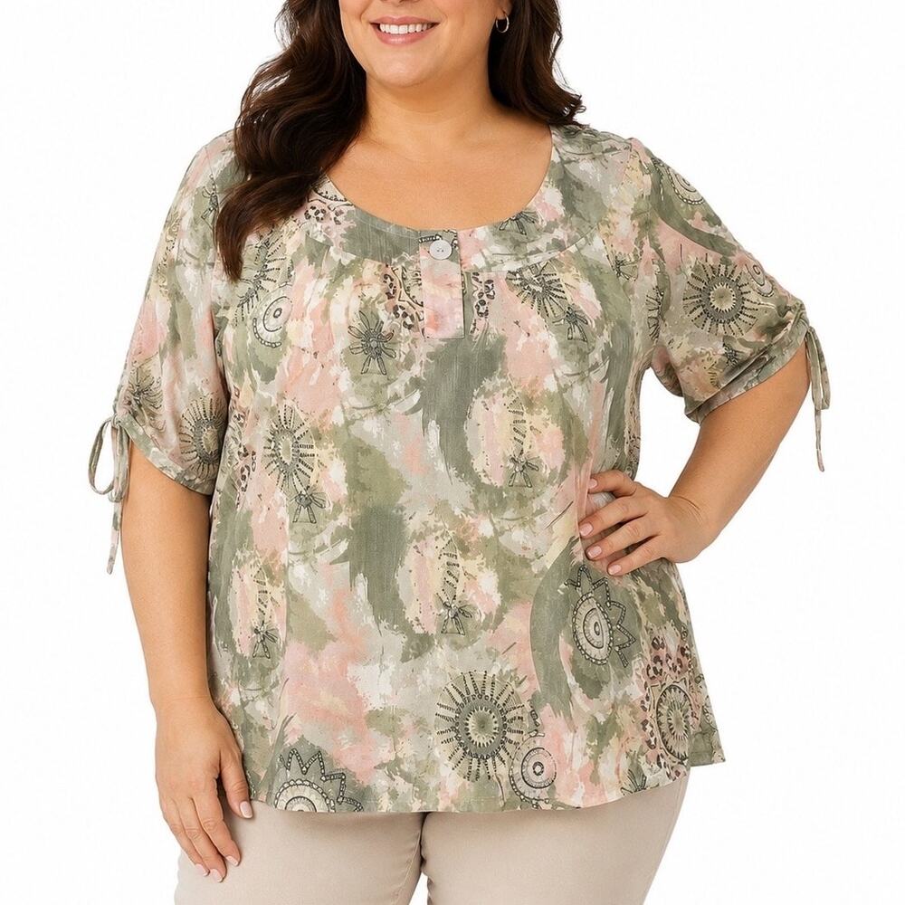 18/20 2X Dressbarn Plus Size Womens Olive Green Watercolor Blouse Top Shirt
